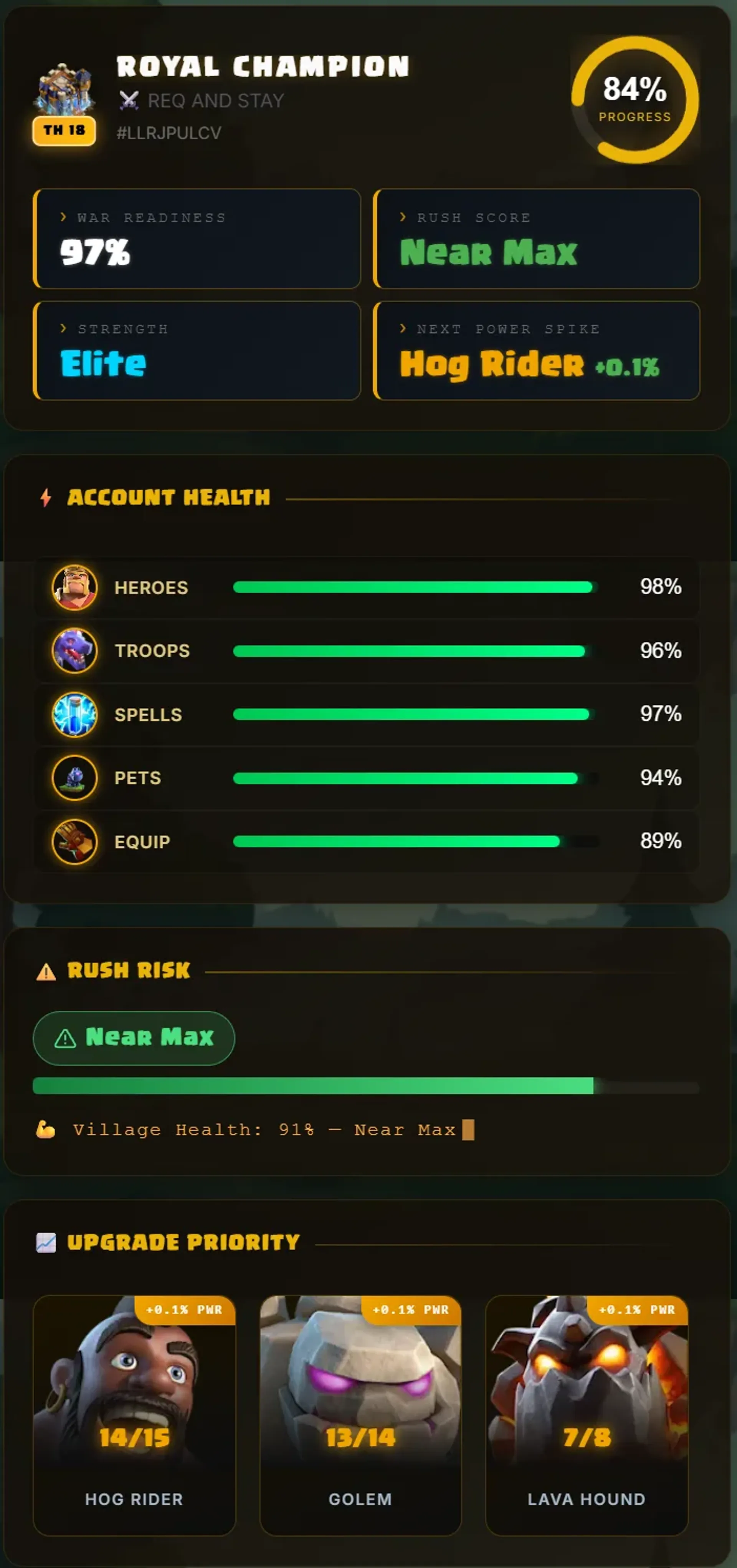 ClashOS Homepage Dashboard showing clan overview and command center status